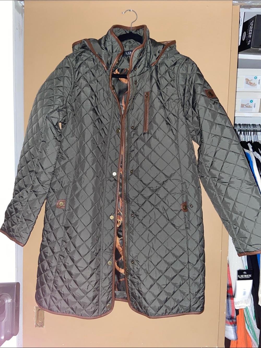 Lauren Ralph Lauren Quilted Hooded Coat in Olive with Brown Trim